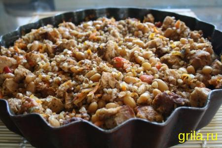 Рецепт: Гречка с соевым мясом и фасолью в аэрогриле